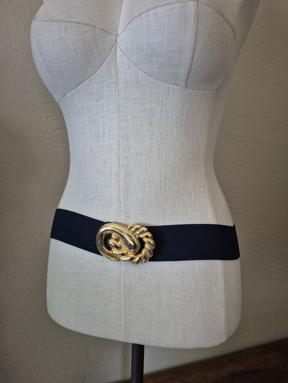 Gold Metal Knot Buckle Navy Stretch Wais Cincht Belt 31